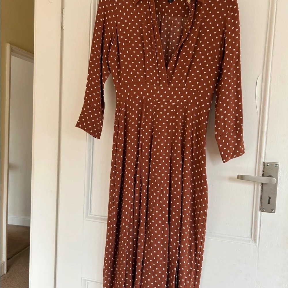 Topshop PETITE Brown Polka Dot Long Sleeve Dress